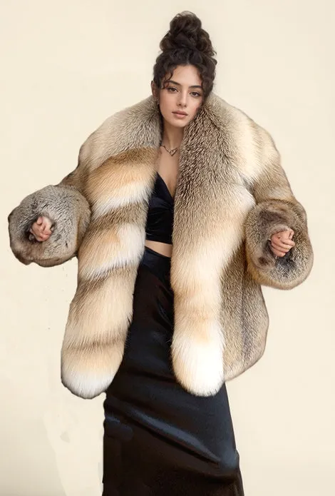 Women's Real Fox Fur Coat with Fur Collar - Golden Island FOX - G002