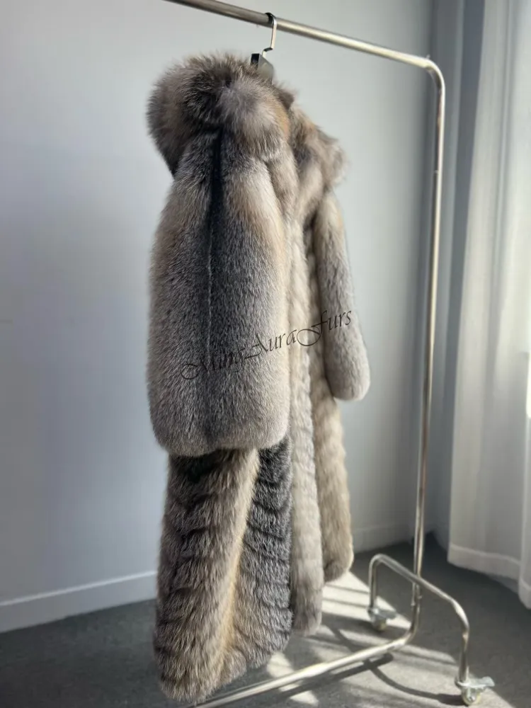 Women's Real Fox Fur Coat with Fur Hood - Amber Frost Fox - G0057