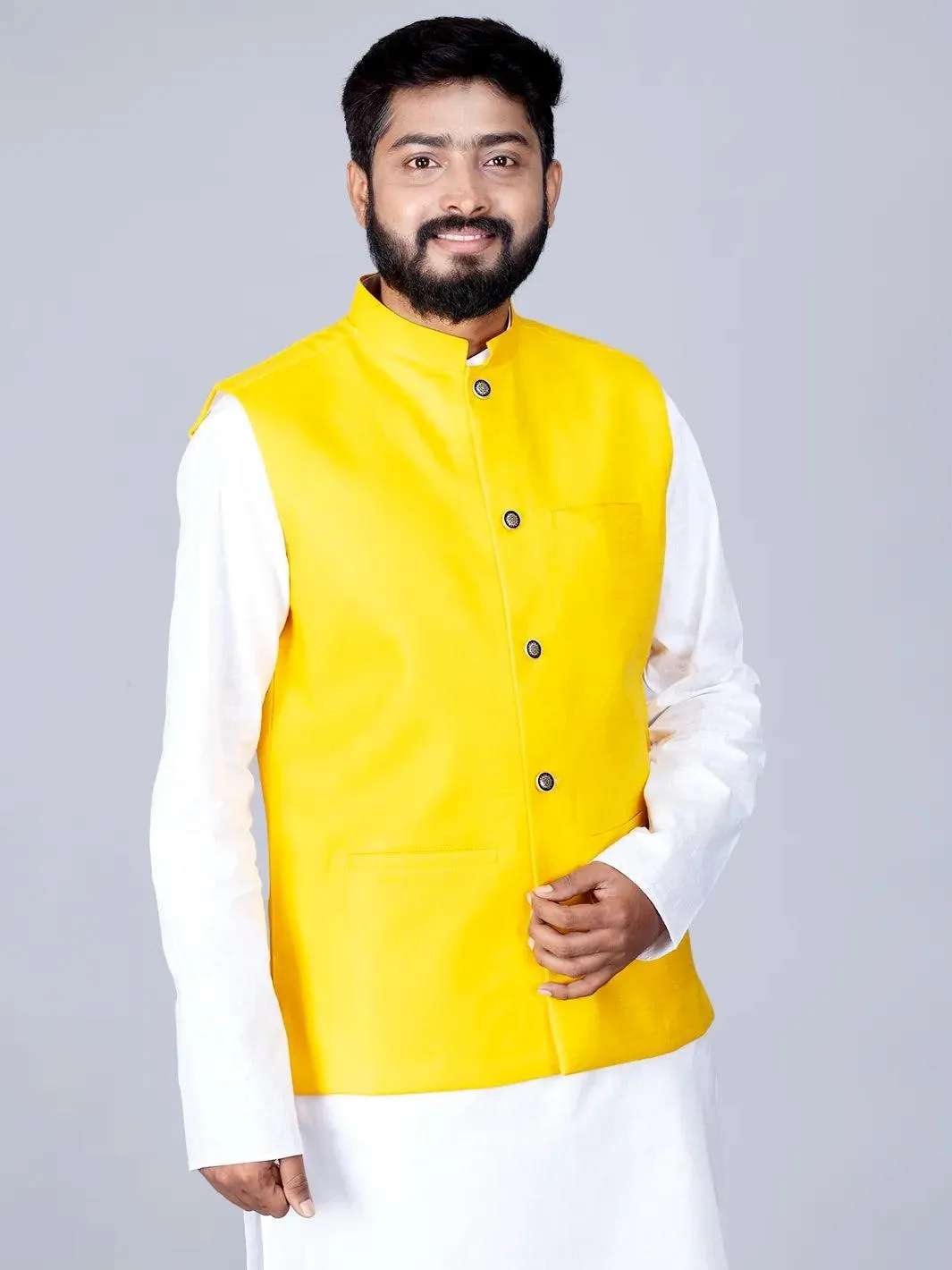 Yellow Handwoven Cotton Modi Jacket