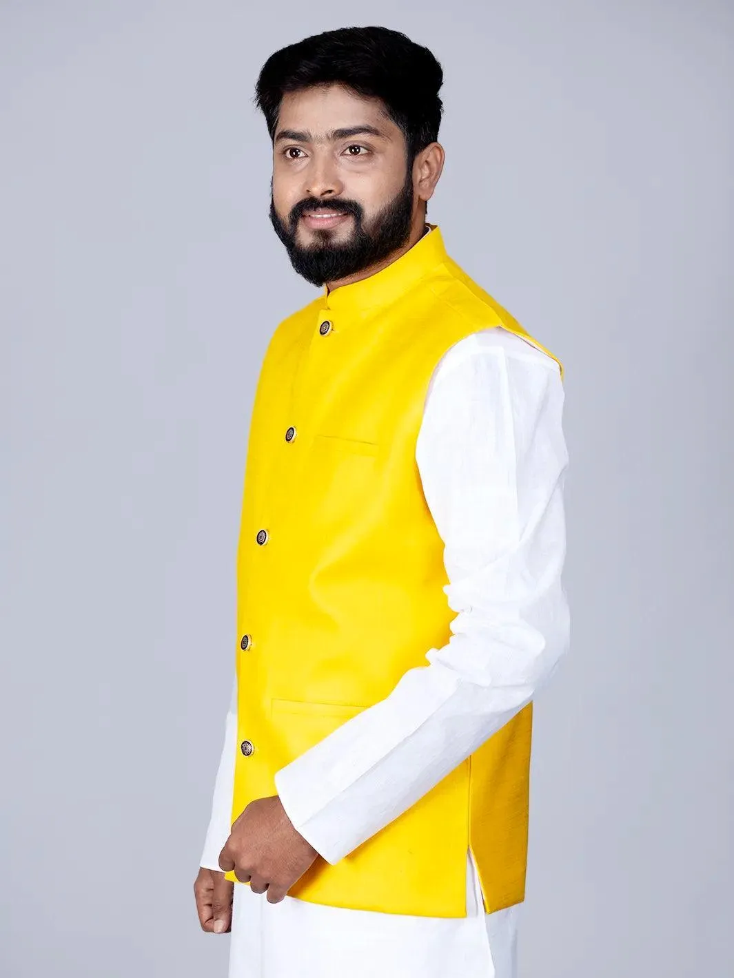 Yellow Handwoven Cotton Modi Jacket